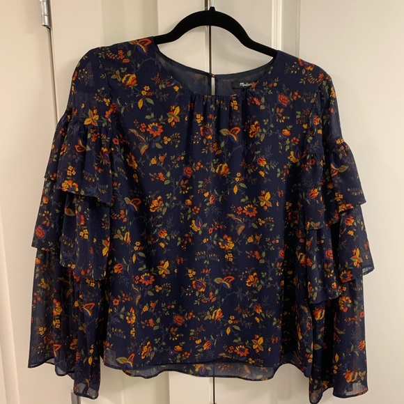 Madewell Tops - Madewell Navy Blue Ruffle-Sleeve Floral Top